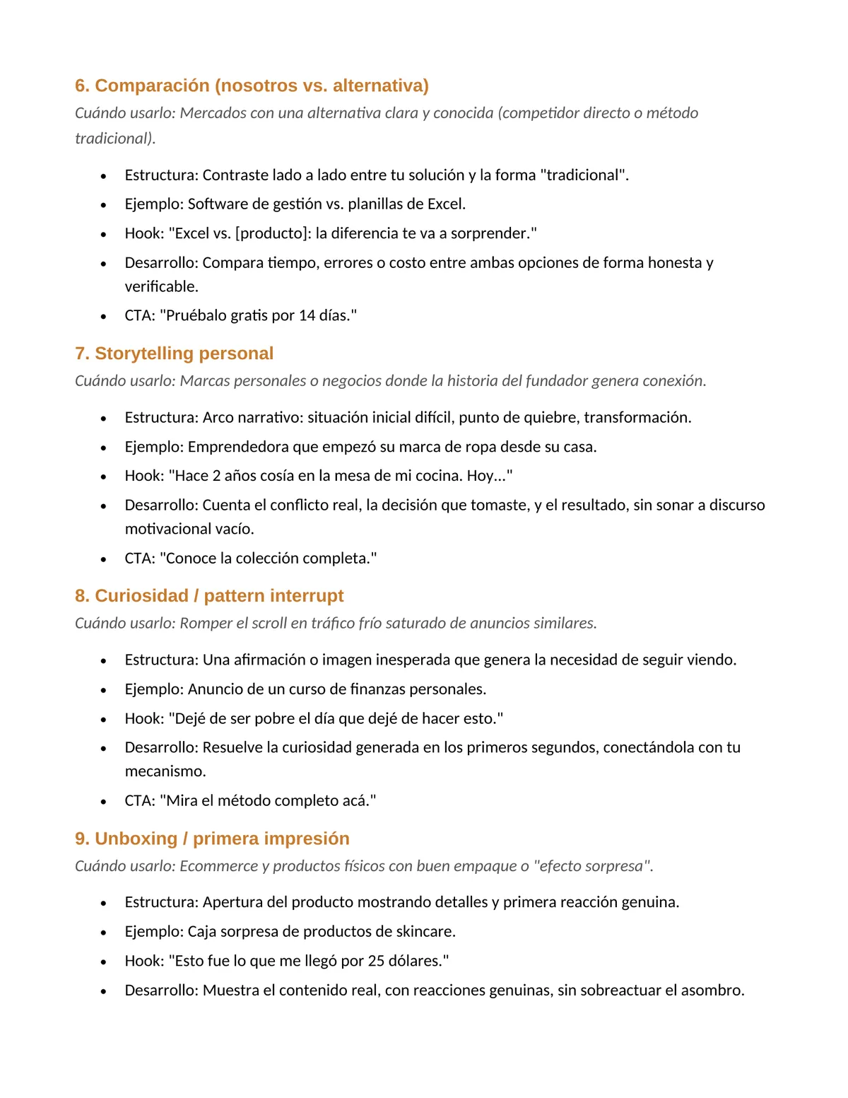 Frameworks de creativos y copy listos para adaptar