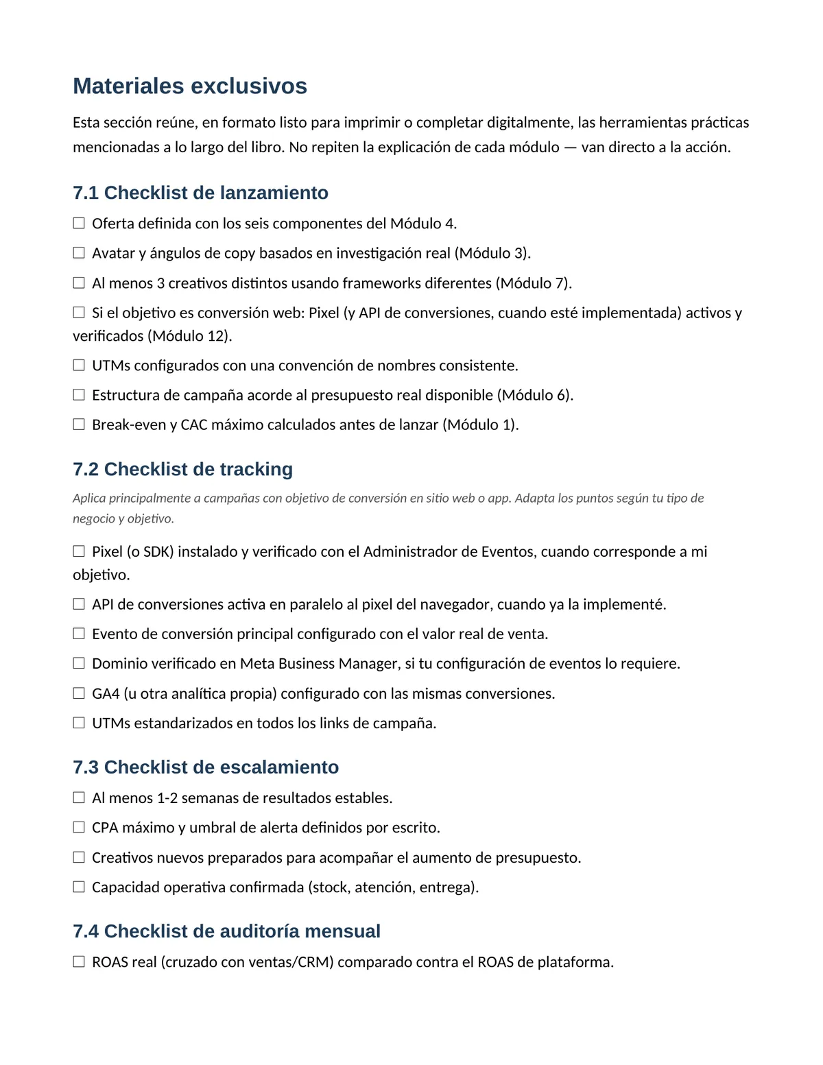 Checklists de implementación
